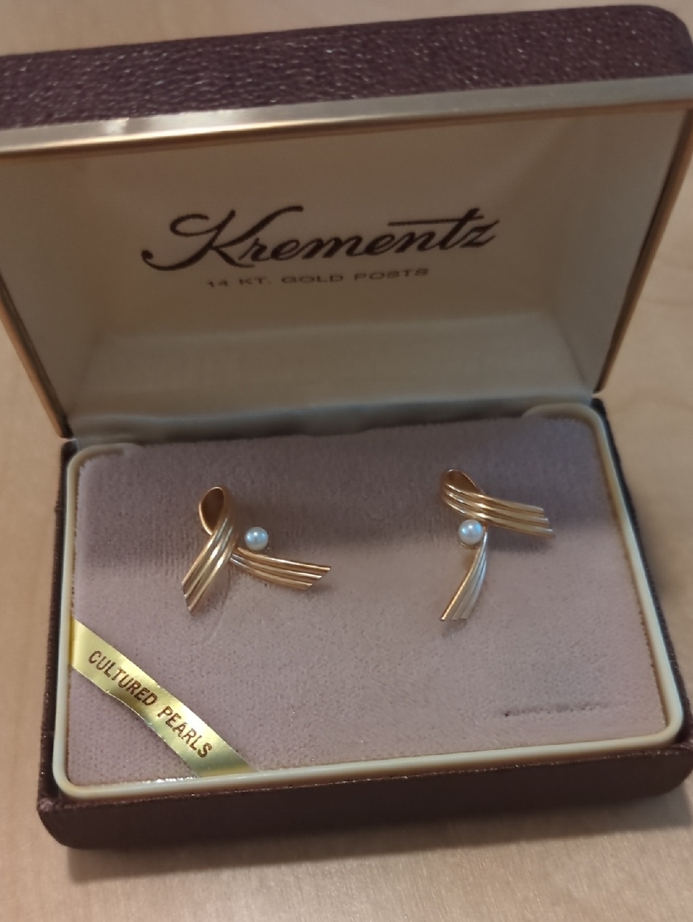Gold Ribbon Cultured Pearl Stud Earrings w/ 14K Gold Posts